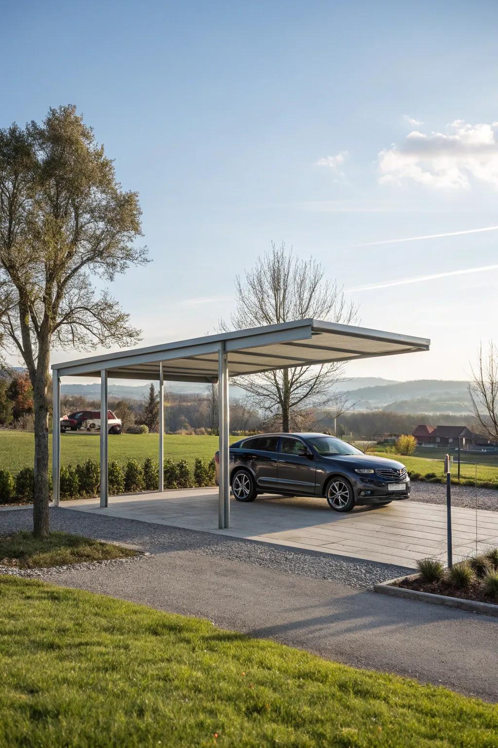 A freestanding carport stands alone, delivering flexible location choices.