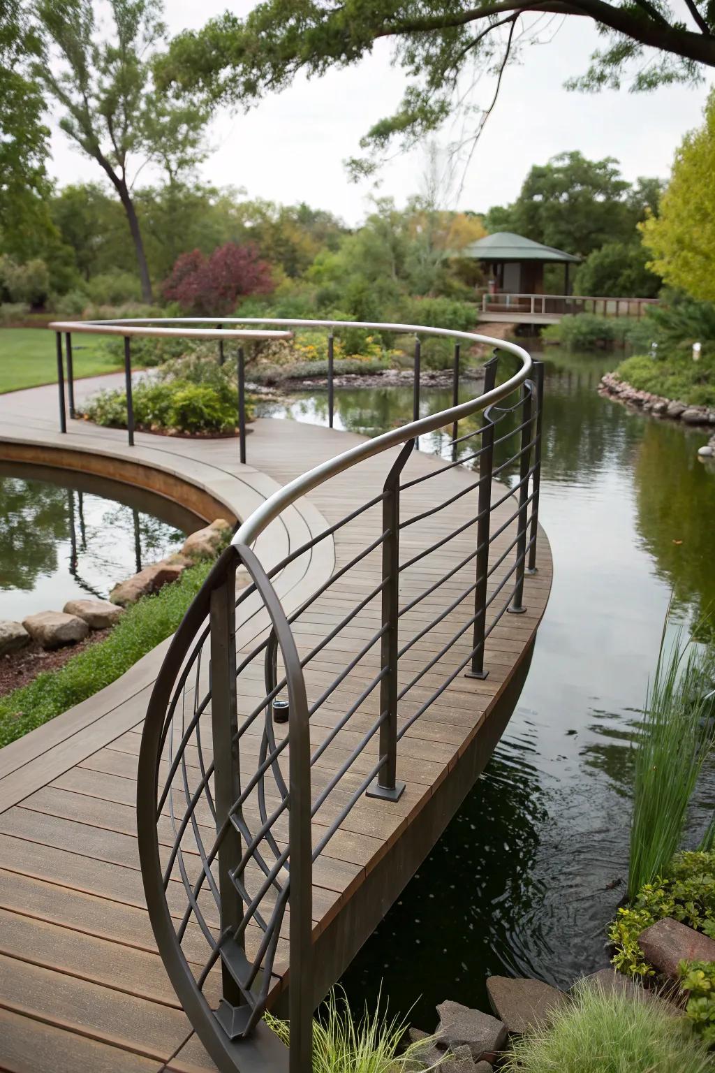 Curved railings offer a sophisticated and fluid design.