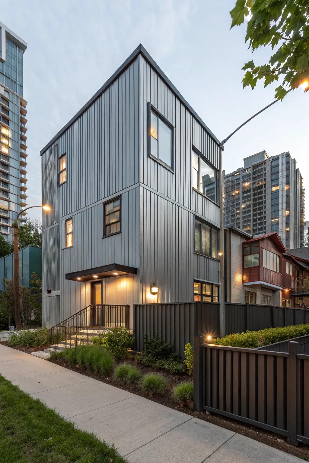 A trendy urban house featuring ribbed metal wall cladding for an industry chic aesthetic.