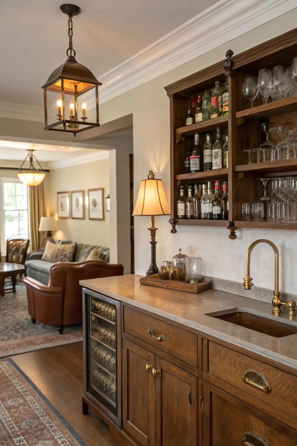 Timeworn decor imparts elegance and nostalgia to a domestic bar.