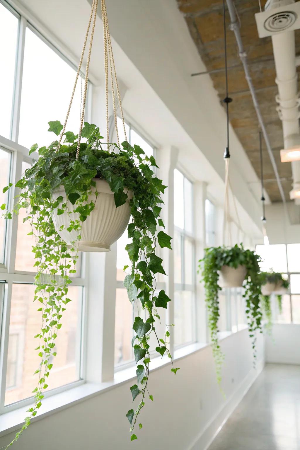 Elegant suspended planters with trailing ivy in a contemporary workroom setting.