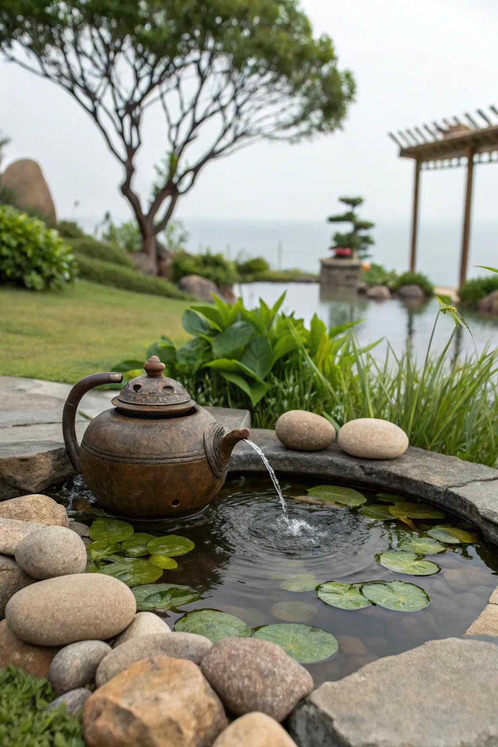 A charming showy burbler adds whimsy to a mini pond.