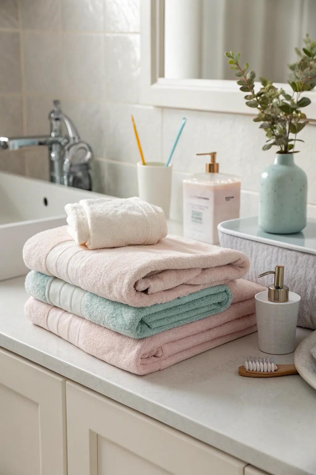 A touch of pastel brings a cheerful accent to the bathroom.