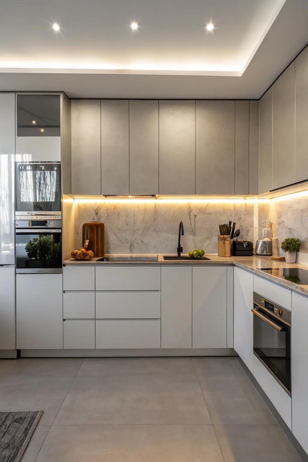 A reflective wall panel adding depth and brightness to a minimalist kitchen.