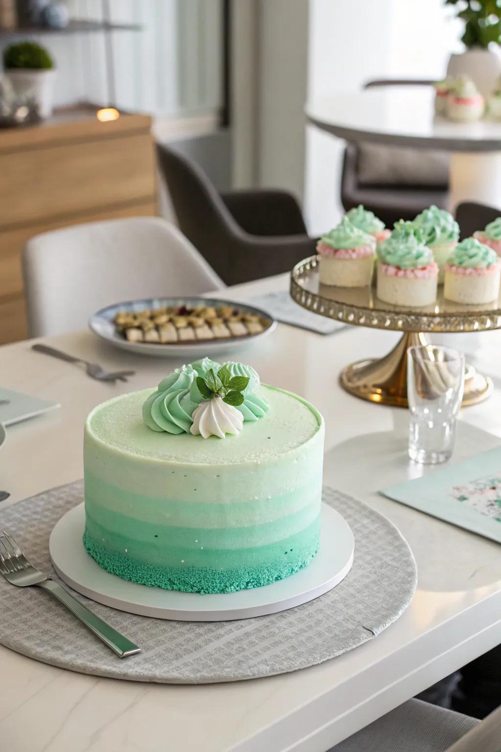 A mint green cake displaying a striking ombre gradient.