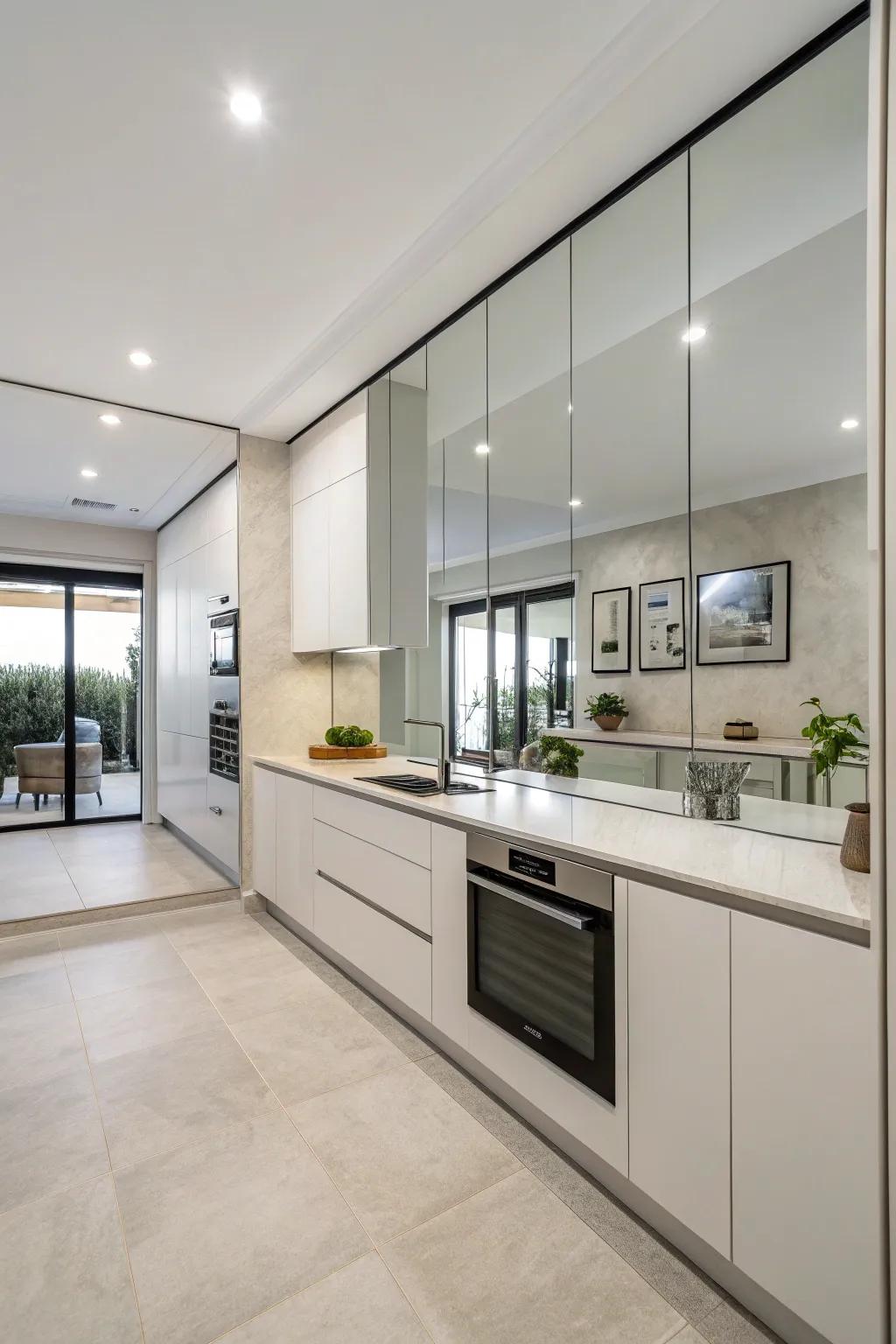 Frameless mirrors in a minimalist kitchen providing a sleek and modern ambiance.