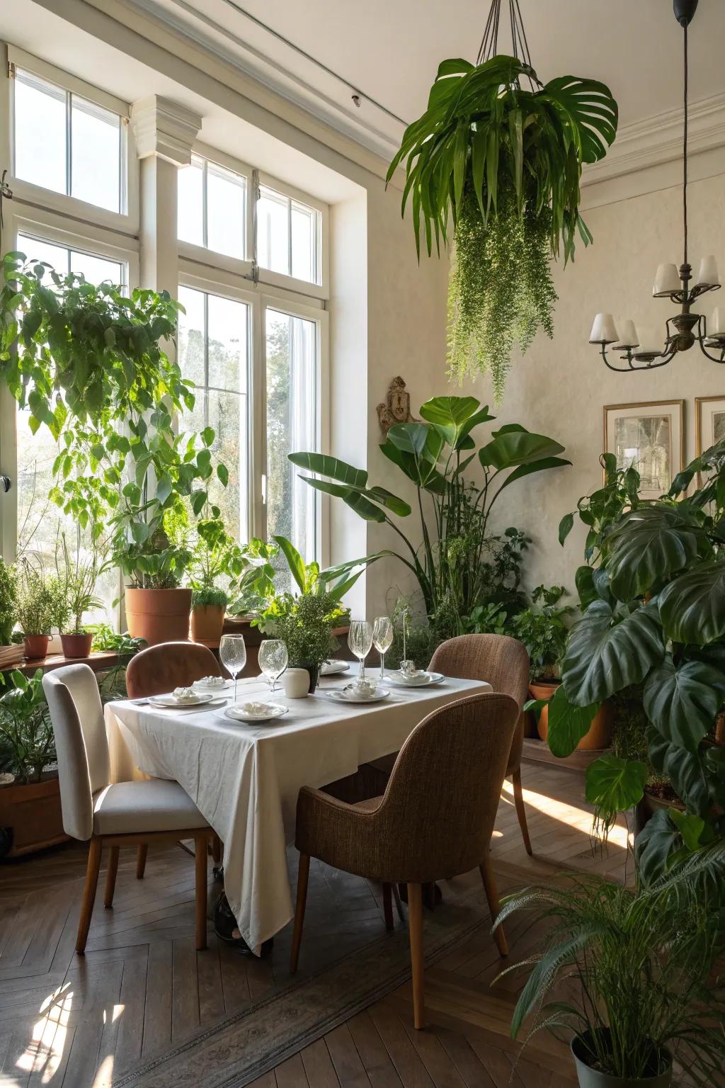 Greens from plants can refresh your dining area with a bit of nature’s beauty.