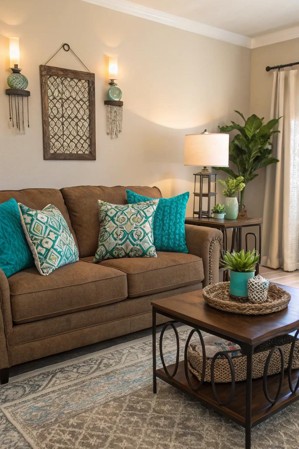 A splash of color adds excitement to the cacao sofa setup.