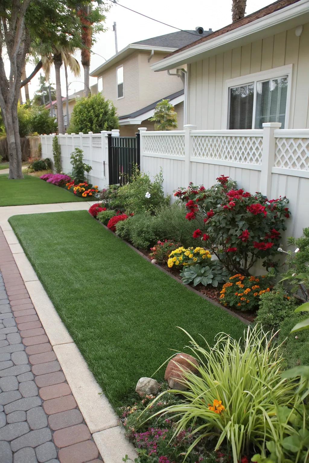 Natural plant borders complement the artificial grass beautifully.