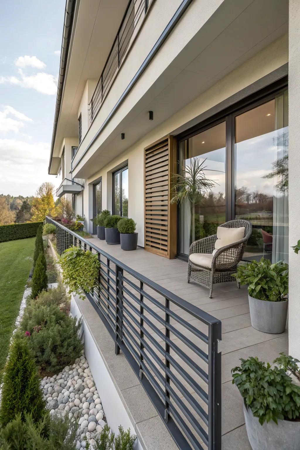 Balcony with horizontal slat railing against a contemporary home facade