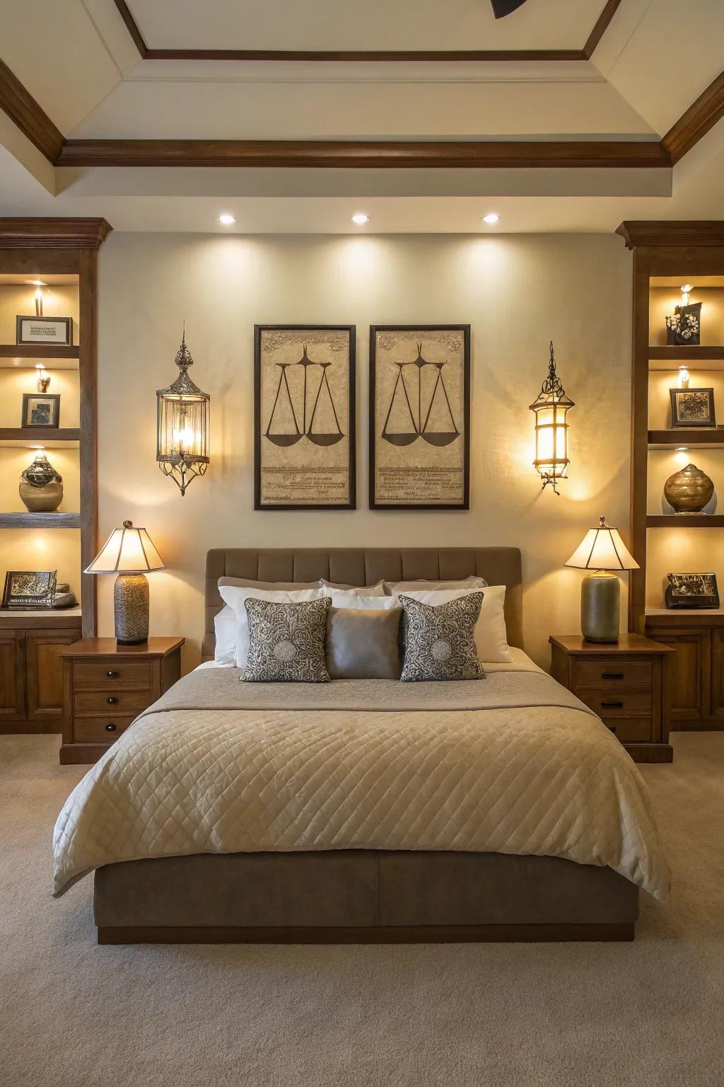 Symmetry on the bed wall guarantees a harmonious and stable design.