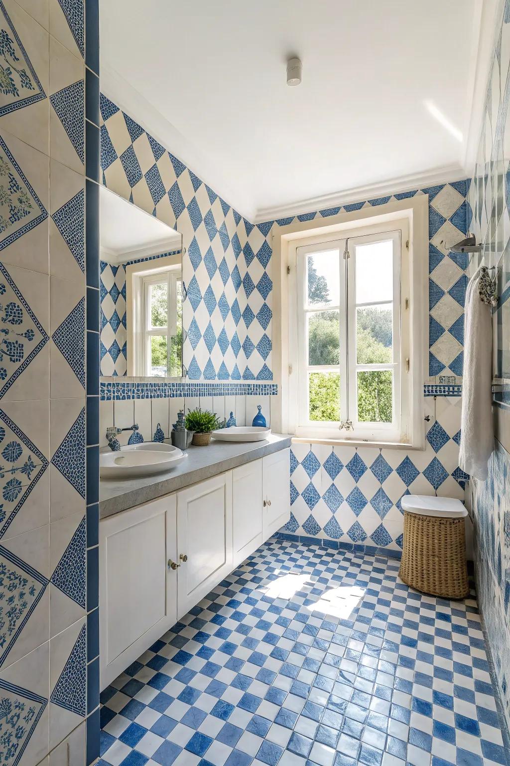 Azure and white motifs bring a traditional and novel aesthetic to this graceful bathroom.
