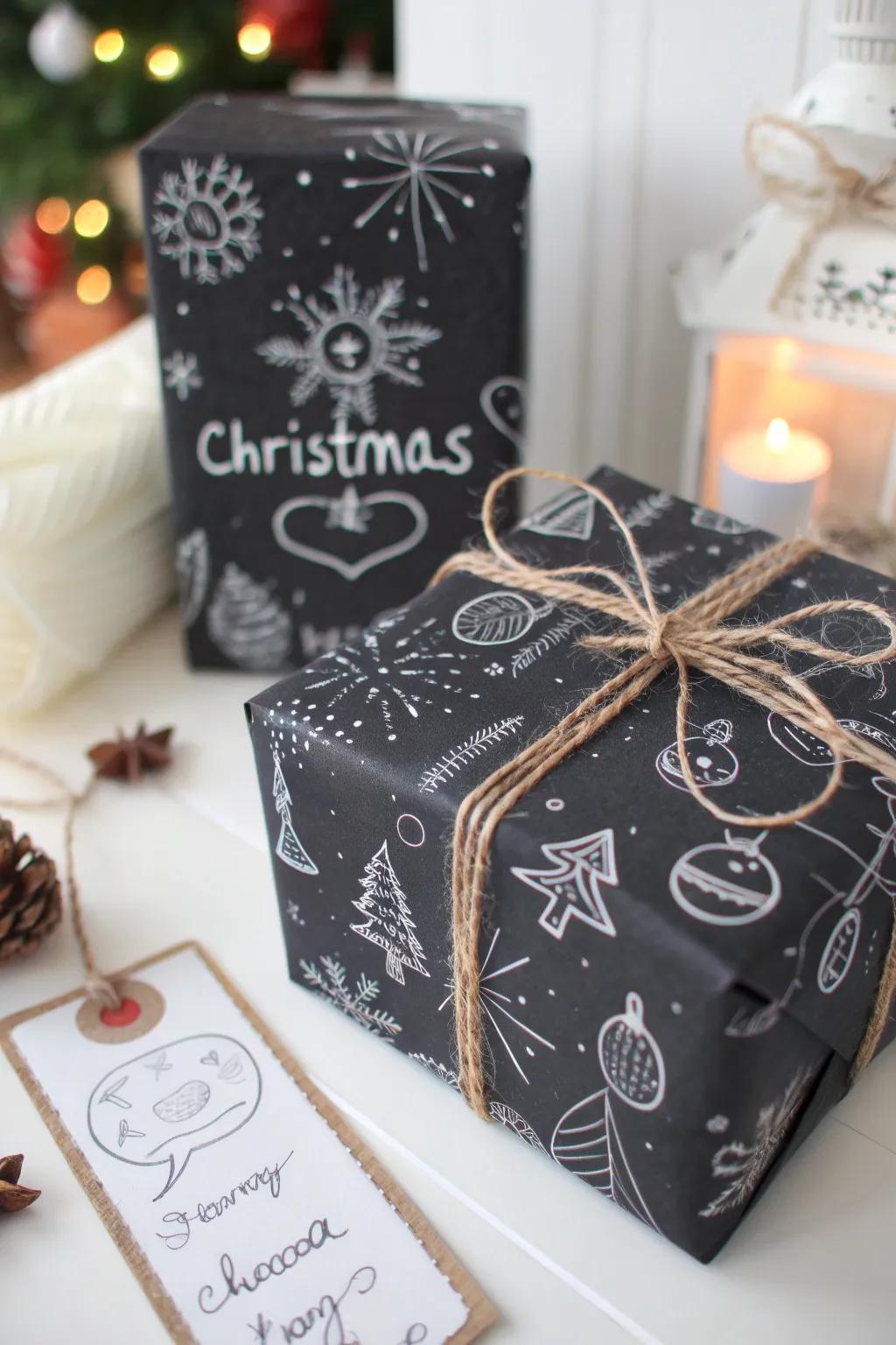 A stylish chalkboard themed present incorporating artistic and personal touches for a unique festive look.