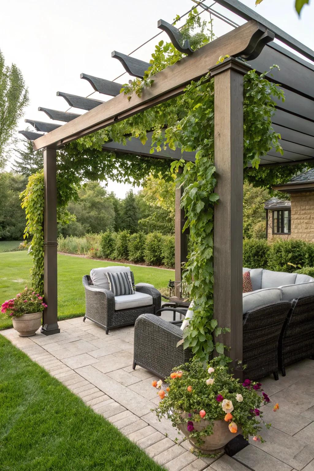 A overhead structure provides stylish shade and architectural interest.