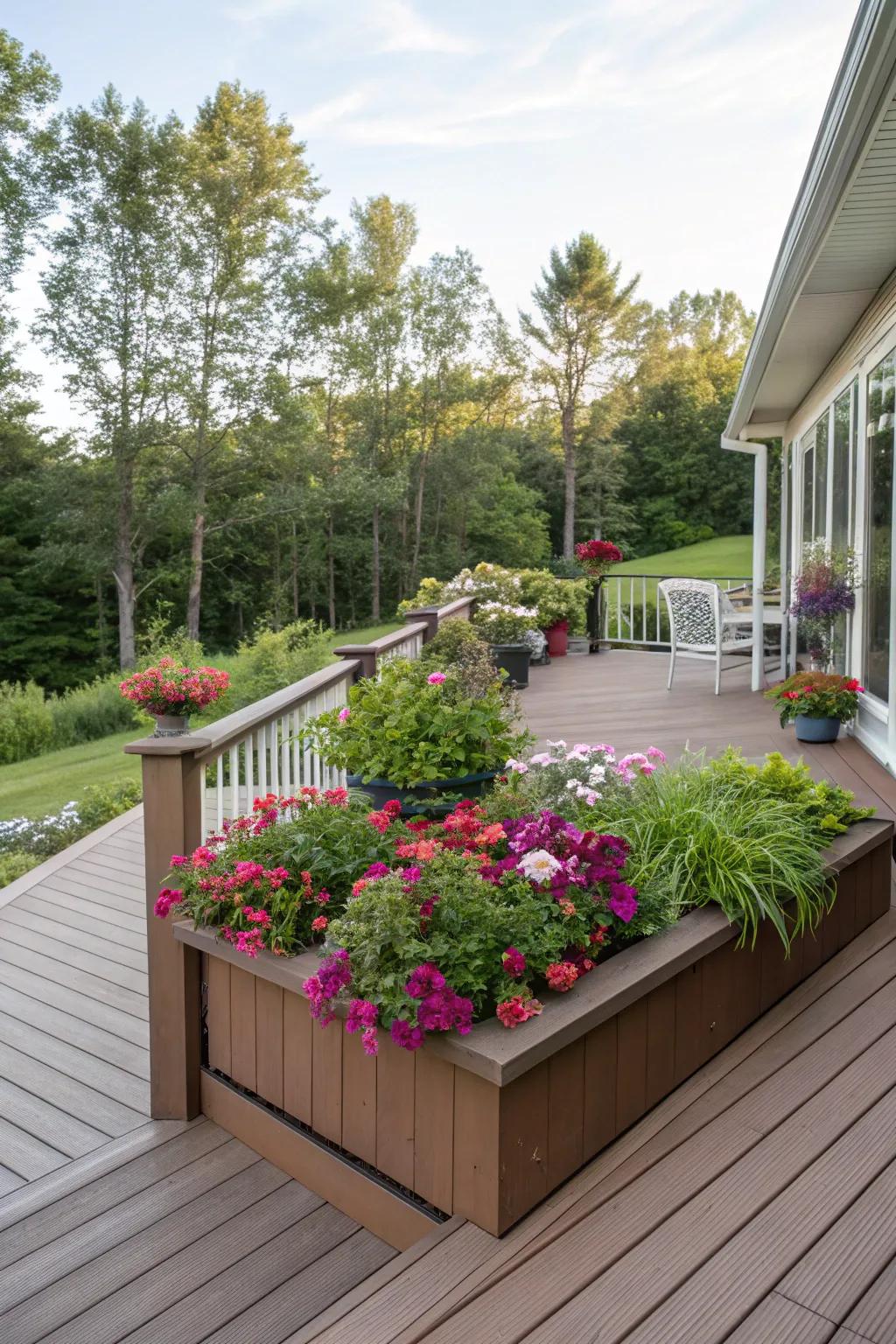 Raised flower beds add eco-friendly style to your deck’s skirting.