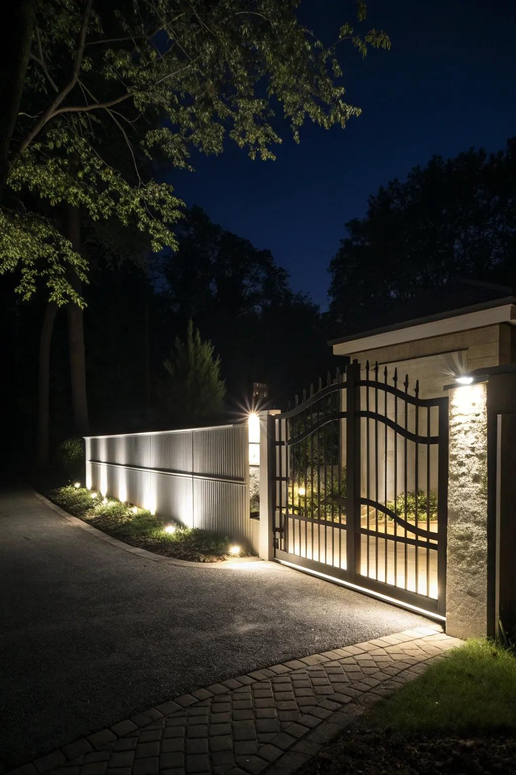 LED lighting adds a magical touch to driveway gates.