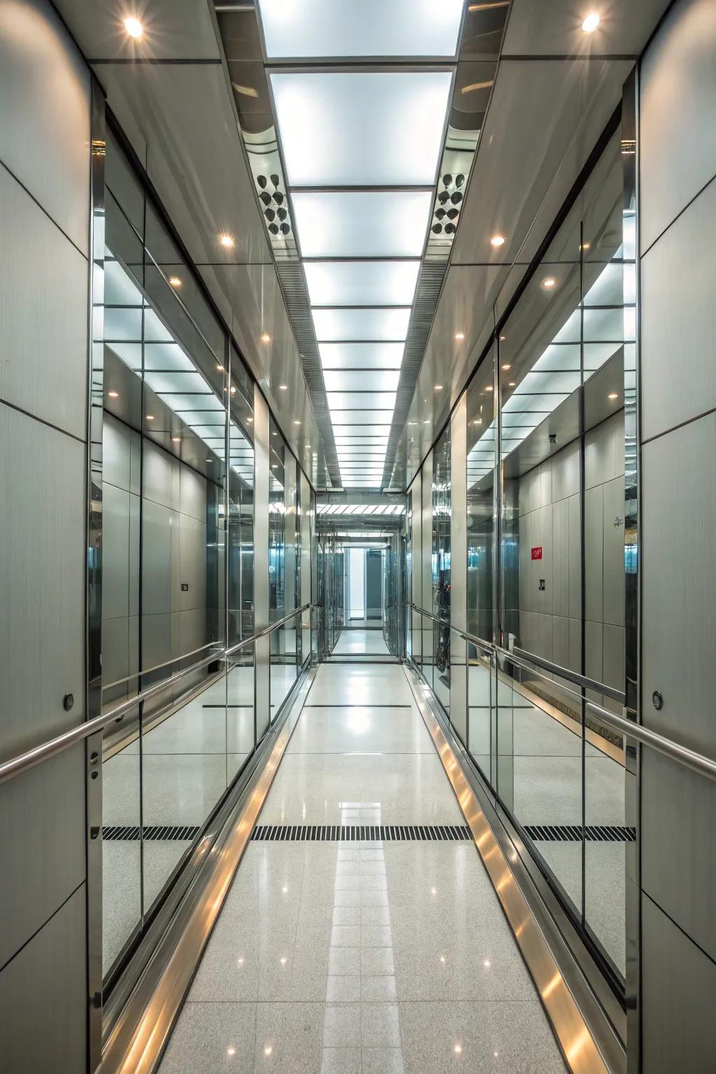 A lift interior featuring mirrors for an expansive and radiant atmosphere.