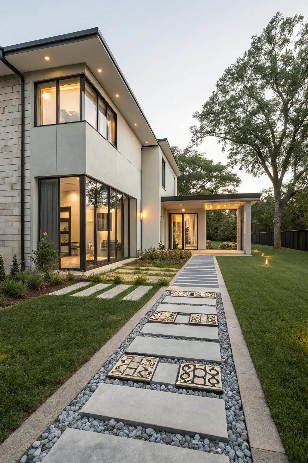 An artistic pathway enhances the journey to the entryway.