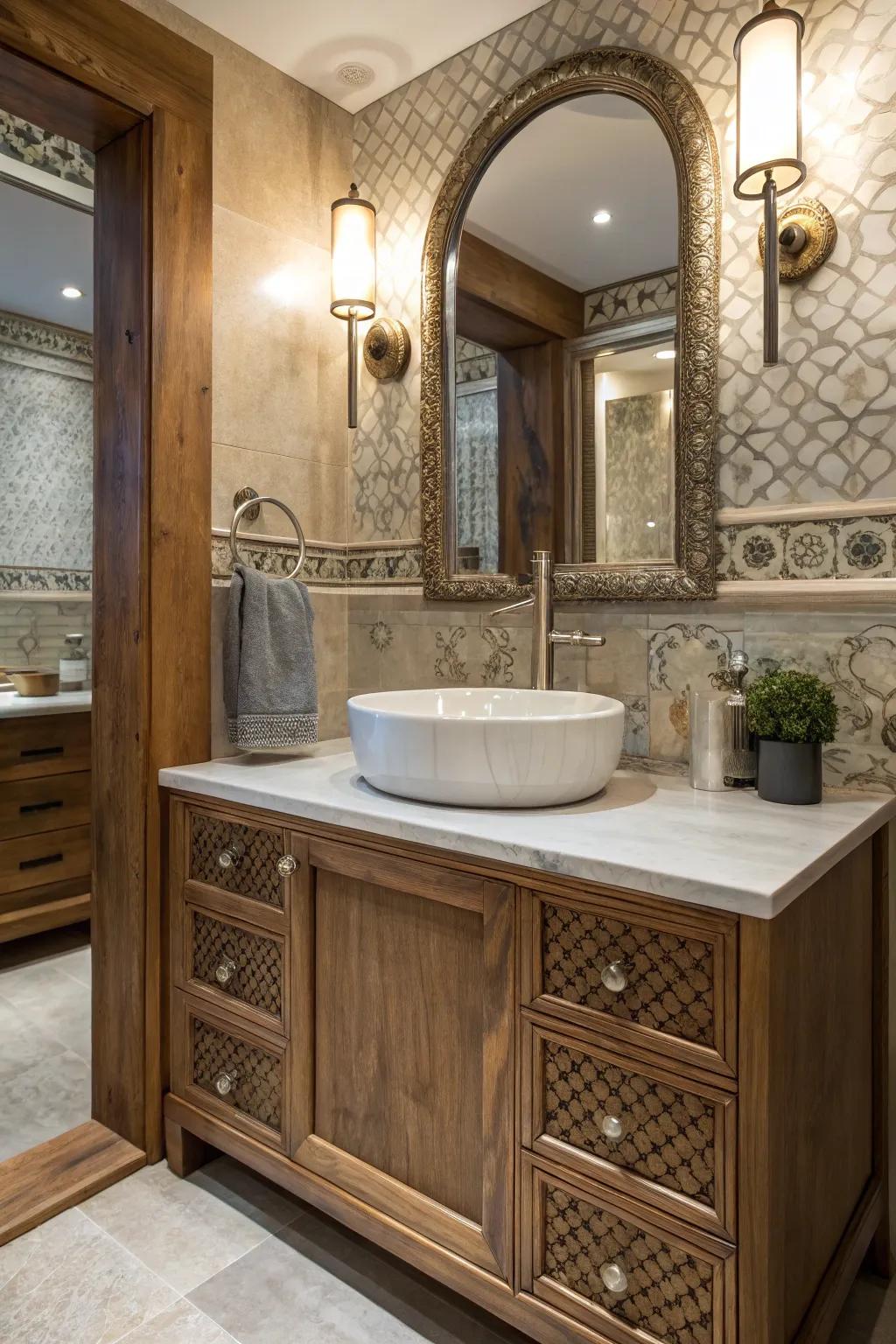 A mix of wood, metal, and ceramic textures in a powder room.
