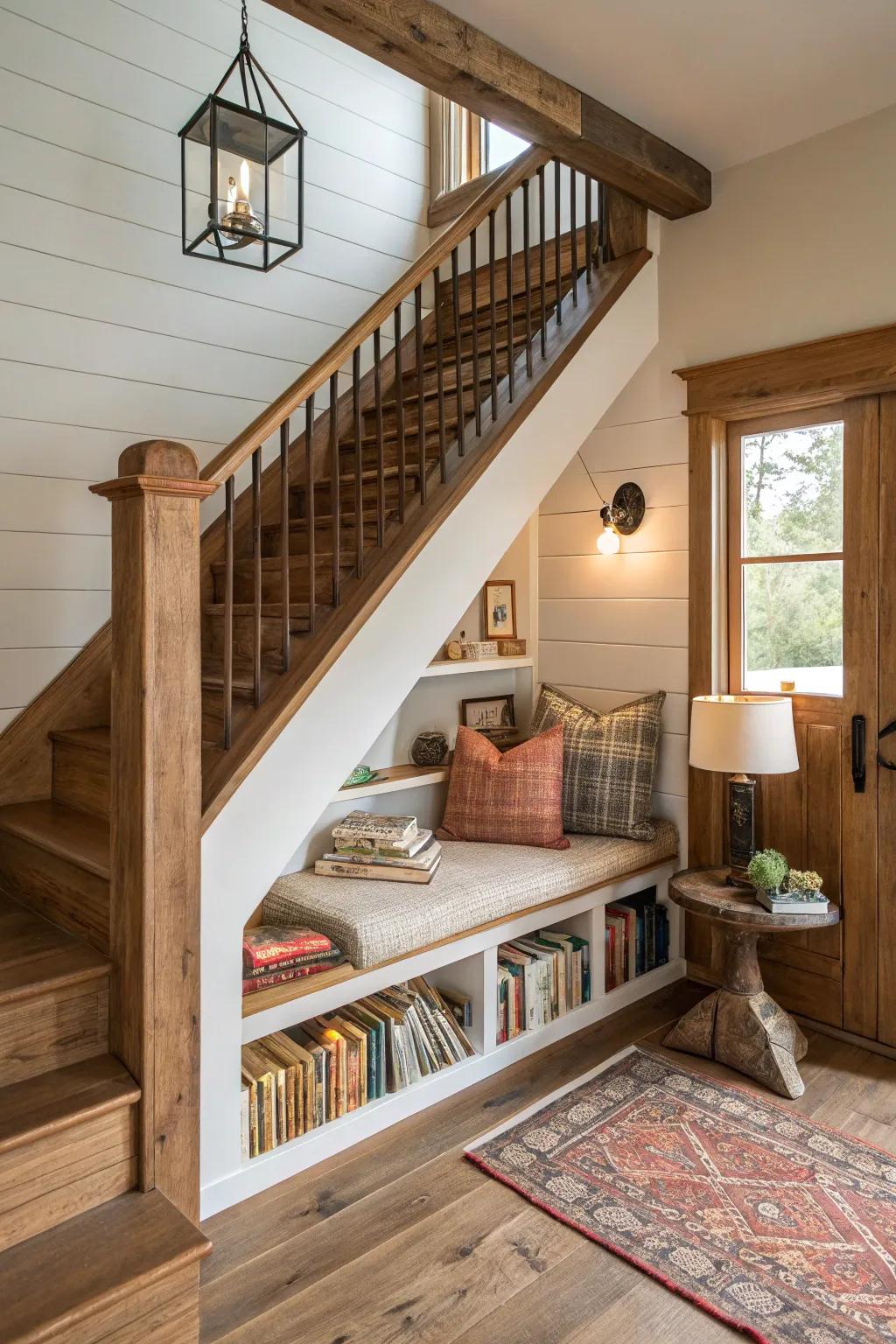 A comfortable reading retreat nestled beneath a staircase, maximizing space and comfort.
