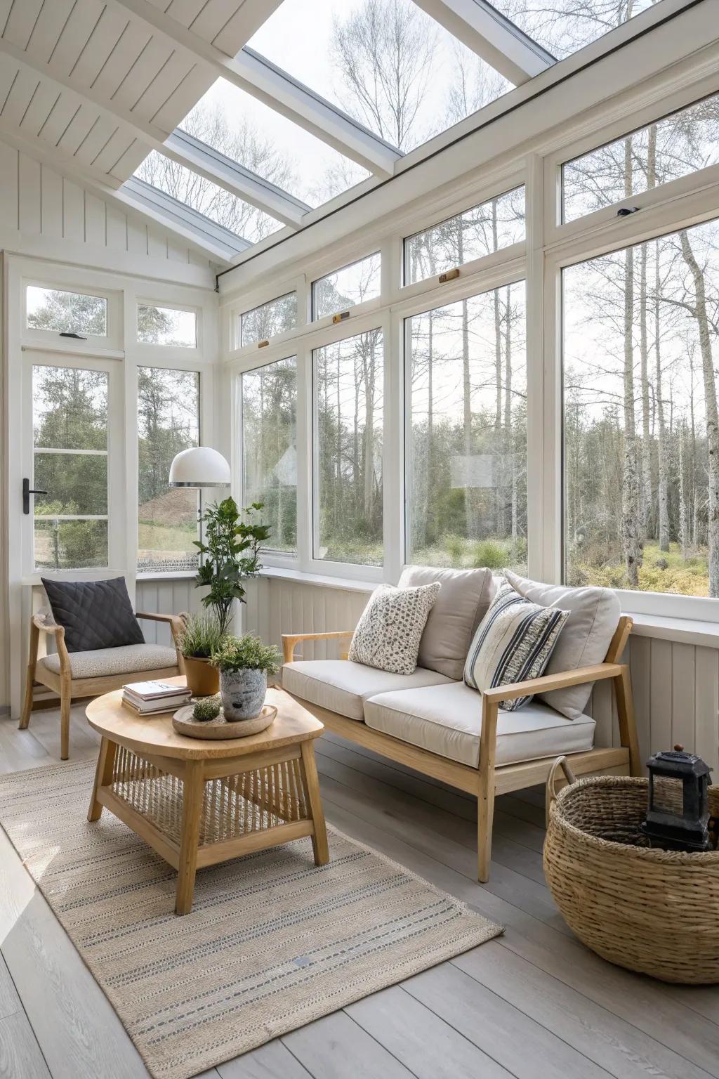 Nordic minimalism imbues this sunroom with a serene ambiance.