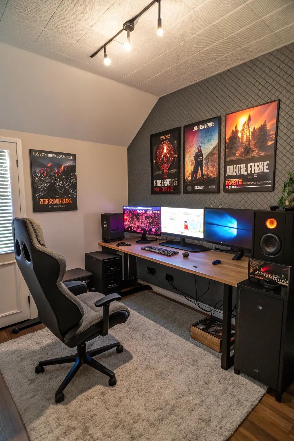 A gaming bedroom fitted with sound dampening boards for improved sound quality.
