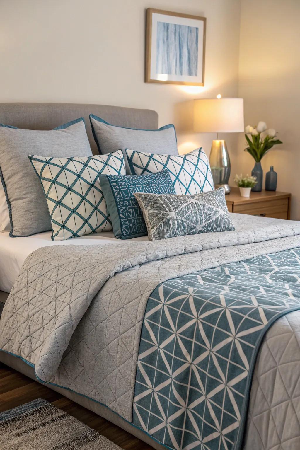 Geometric motifs in pewter and azure inject a modern flair into your bedroom.
