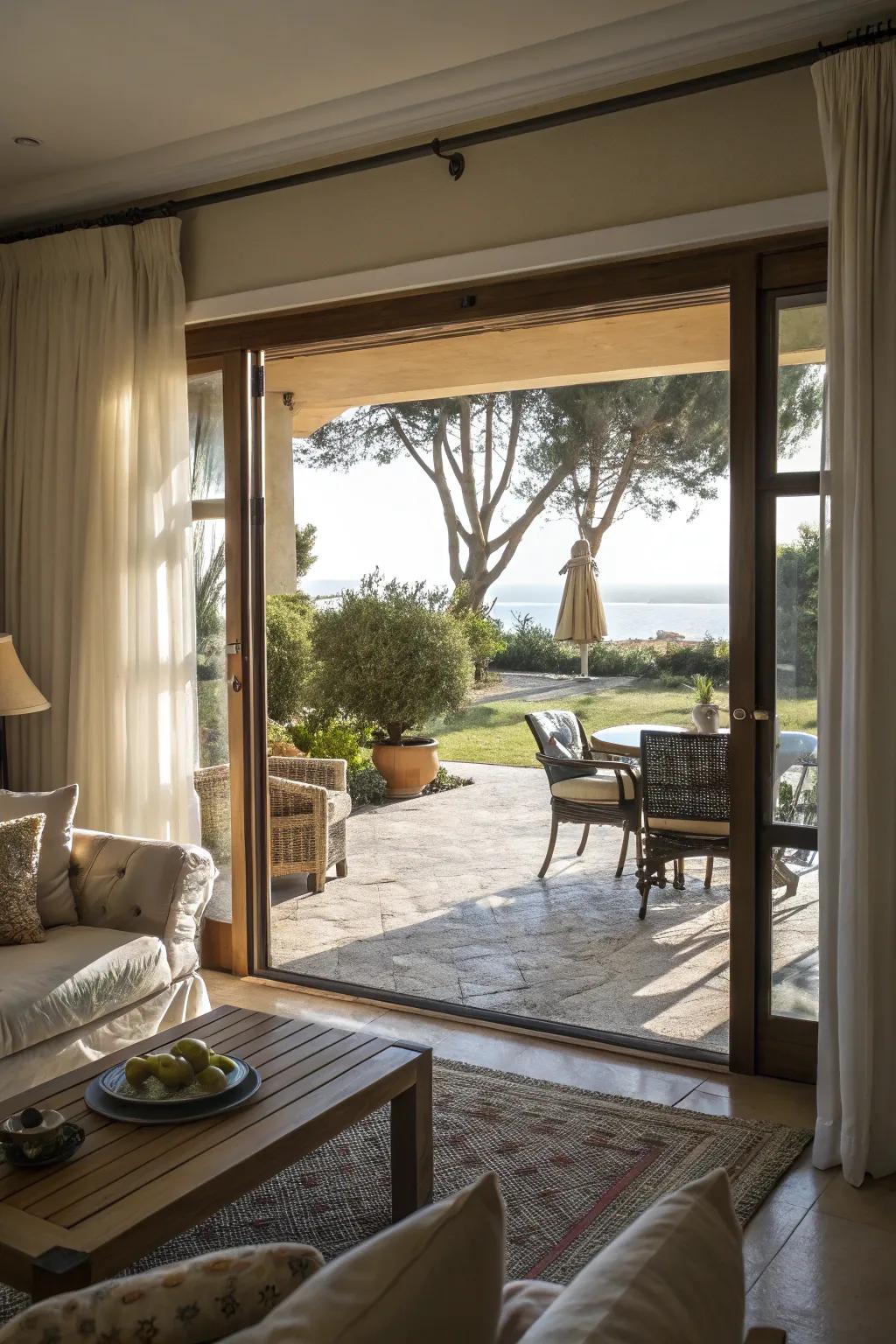 An indoor space smoothly transitioning to the outdoors.