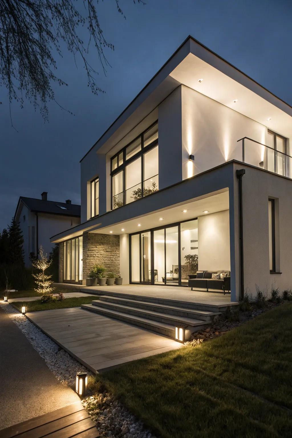 A modern home enhanced with creative exterior lighting.