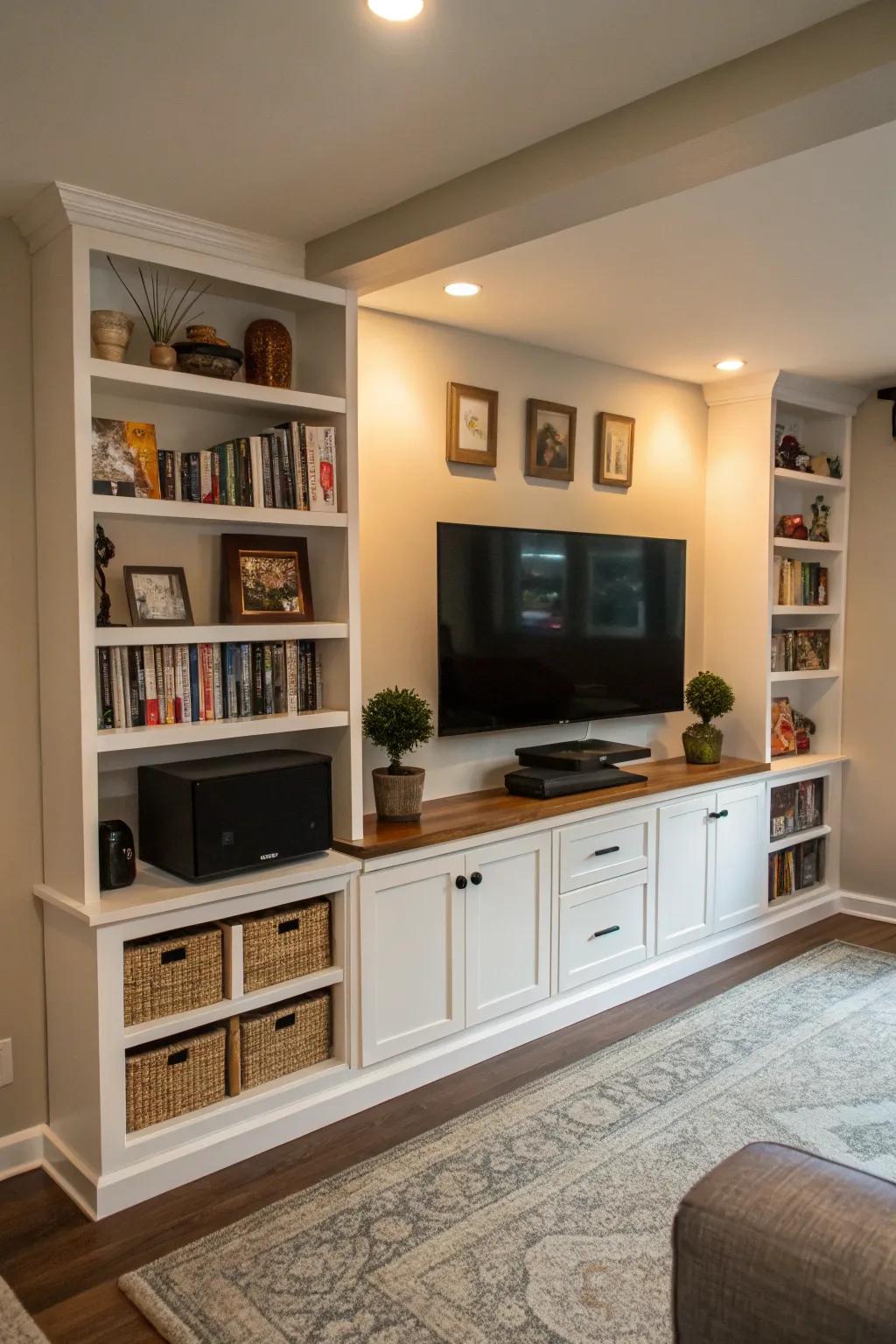 A nook media wall uses area productively, ideal for modest spaces.