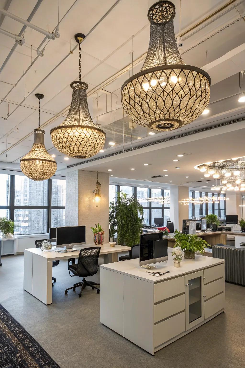 An office showcasing distinctive and fashionable lighting installations.