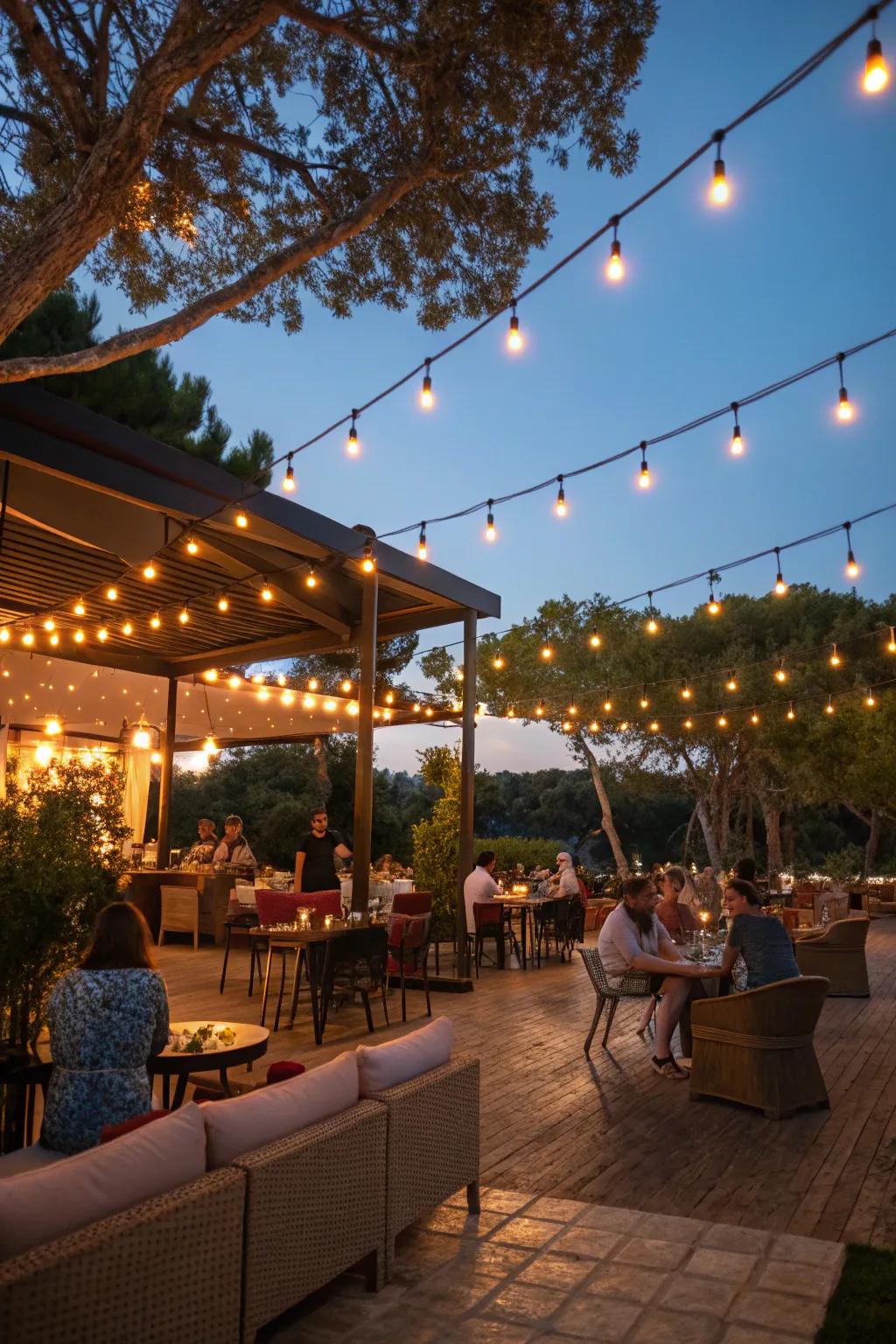 String lights add a touch of magic to this outdoor bar setting.