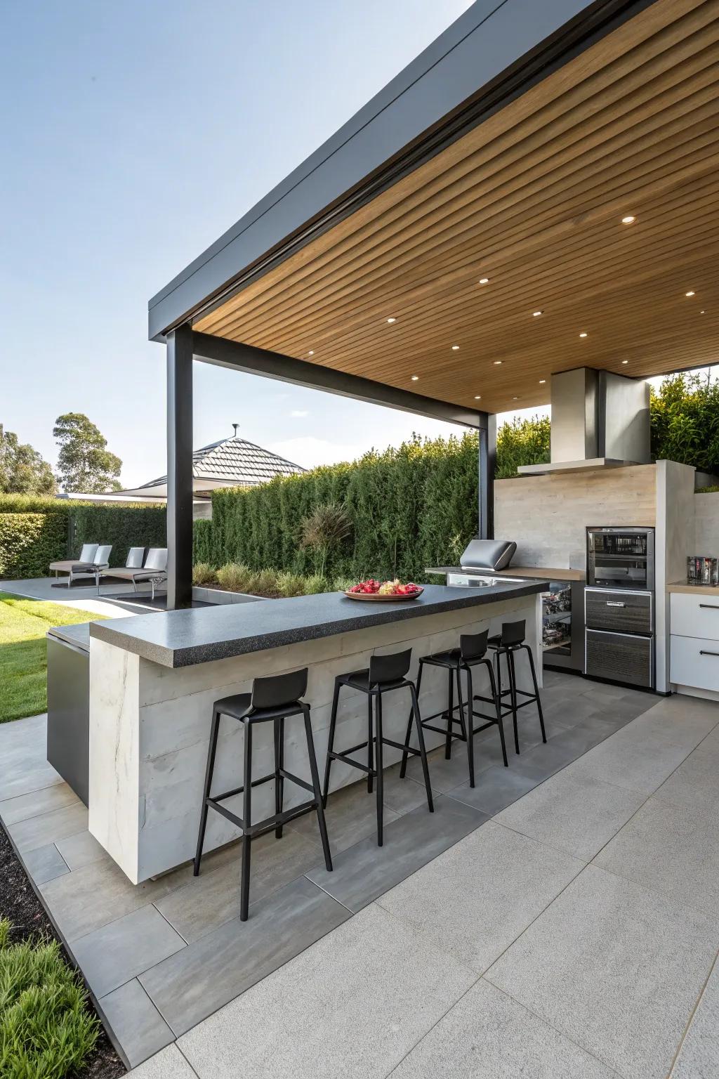 Unified seating that invites socializing in an inviting cooking area setting.