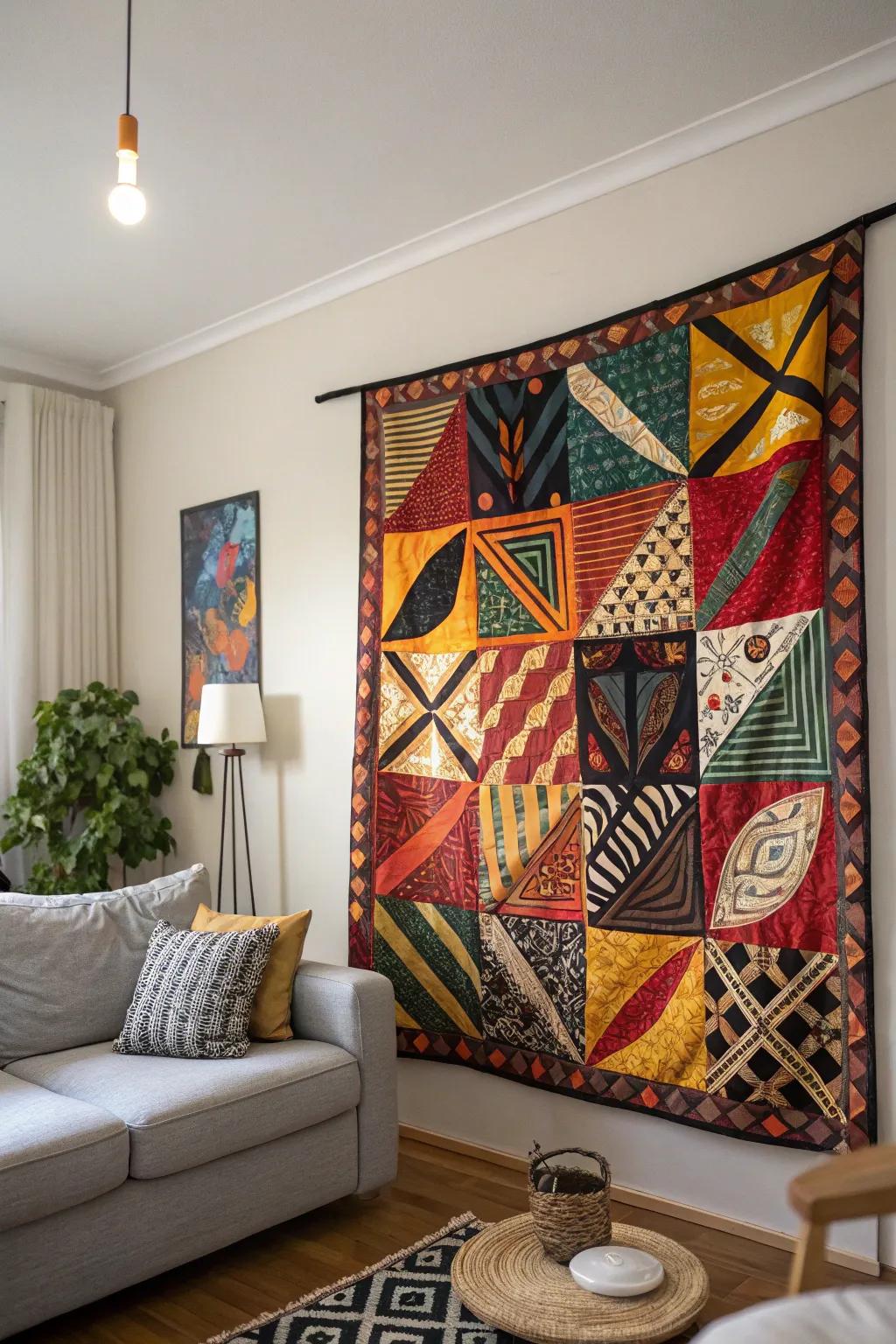 Abstract quilts transform spaces into galleries with their artistic flair.