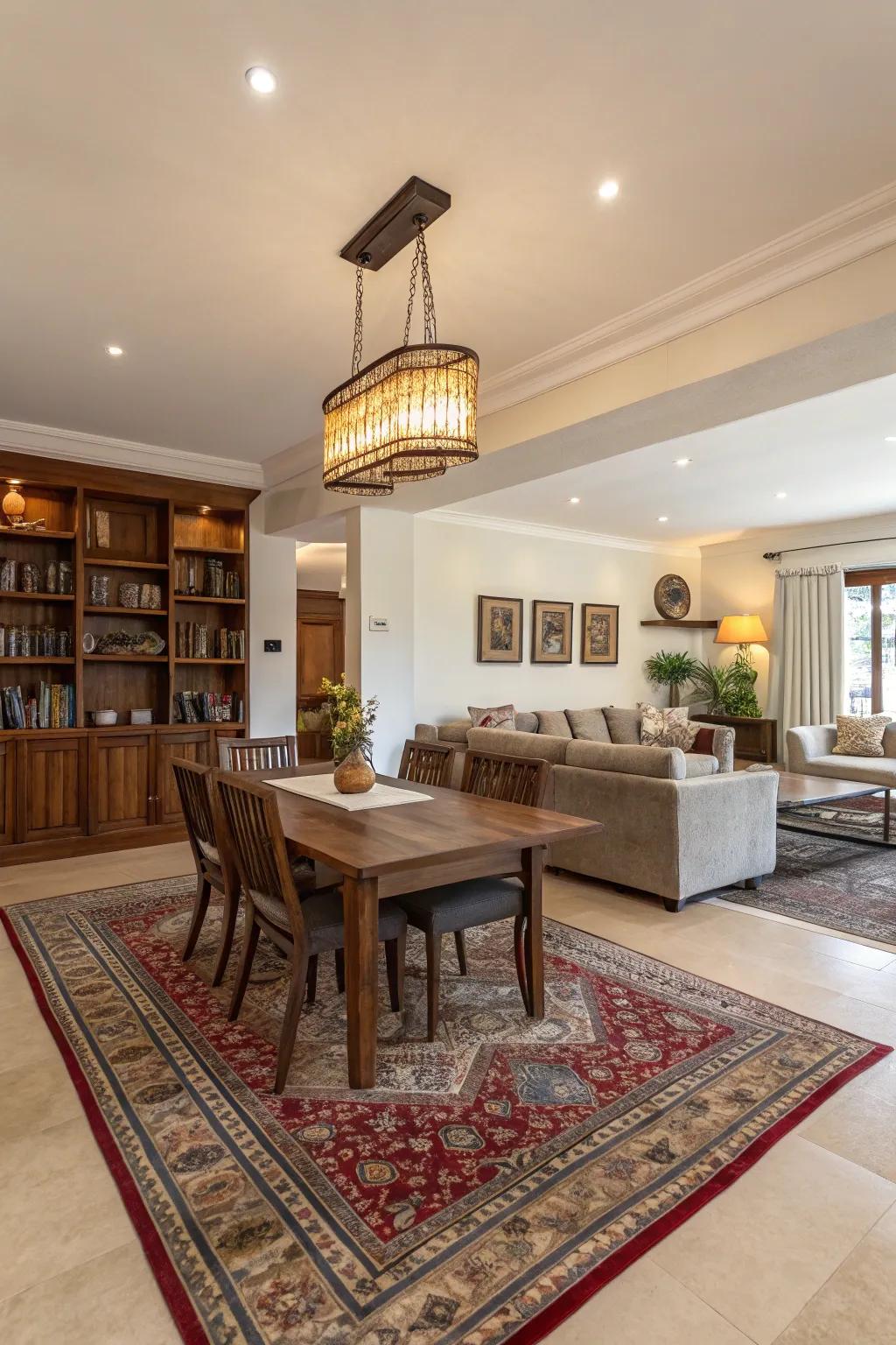In open-plan spaces, rugs can assist define distinct spaces.