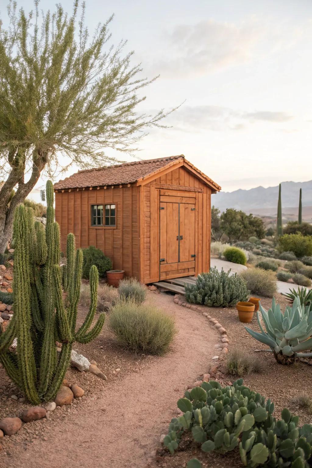 A terracotta shed that blends flawlessly with natural surroundings.