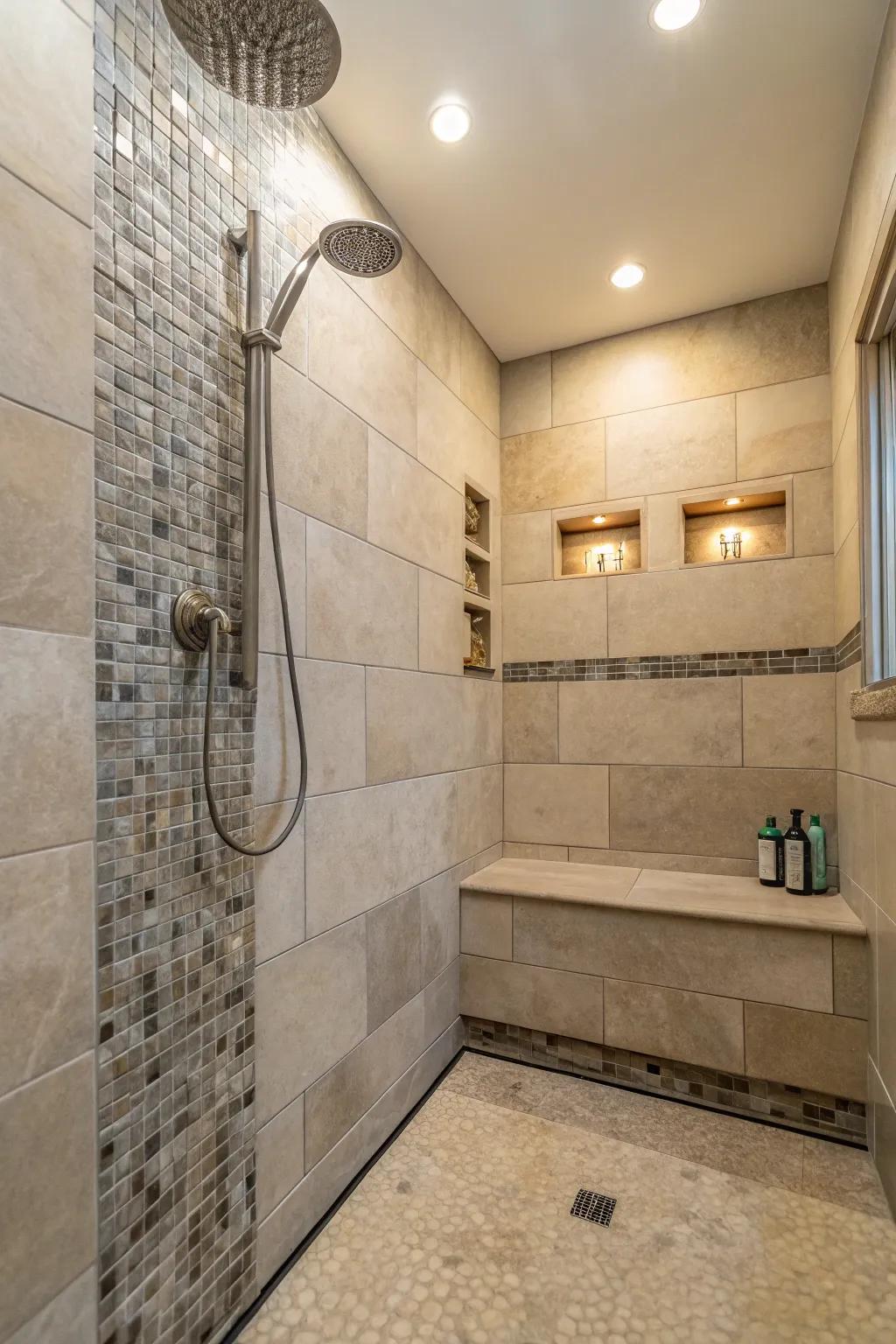 A calming shower setting with a subdued color palette.