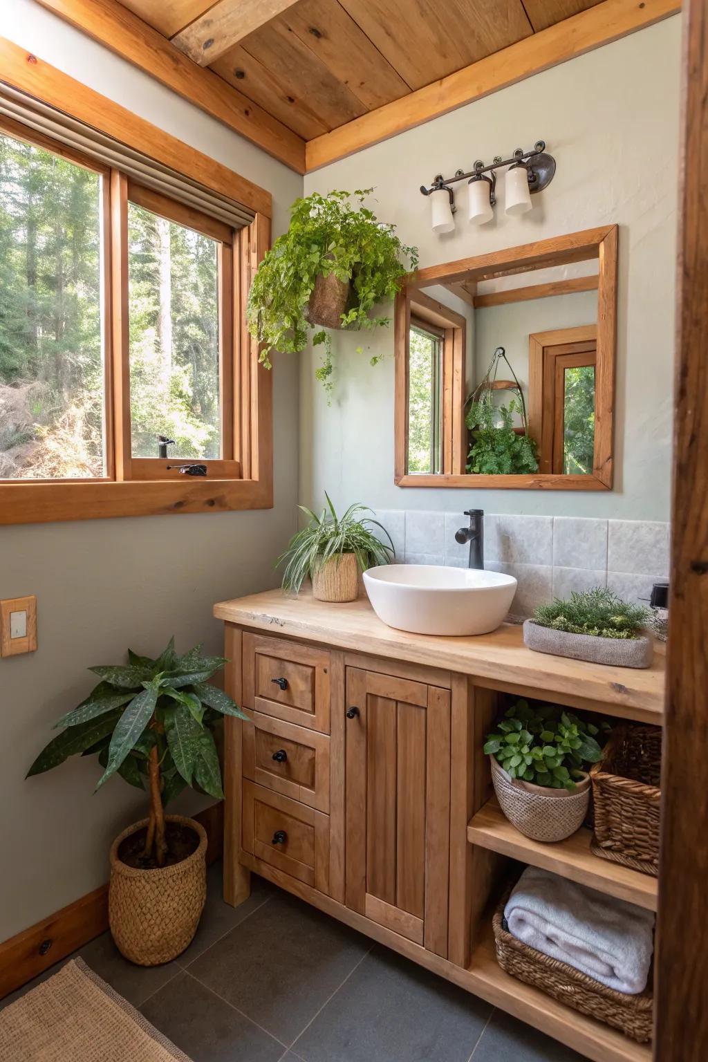 Natural components instill warmth within this snug bathroom.