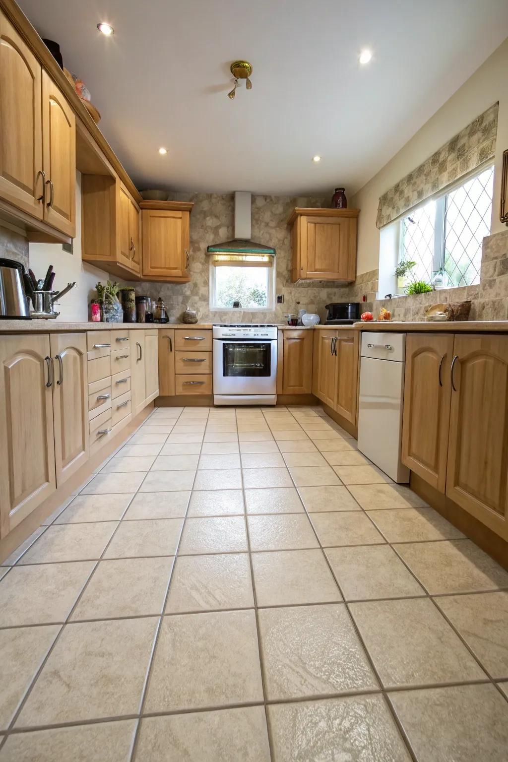 Large format tiles creating a seamless look in a small kitchen