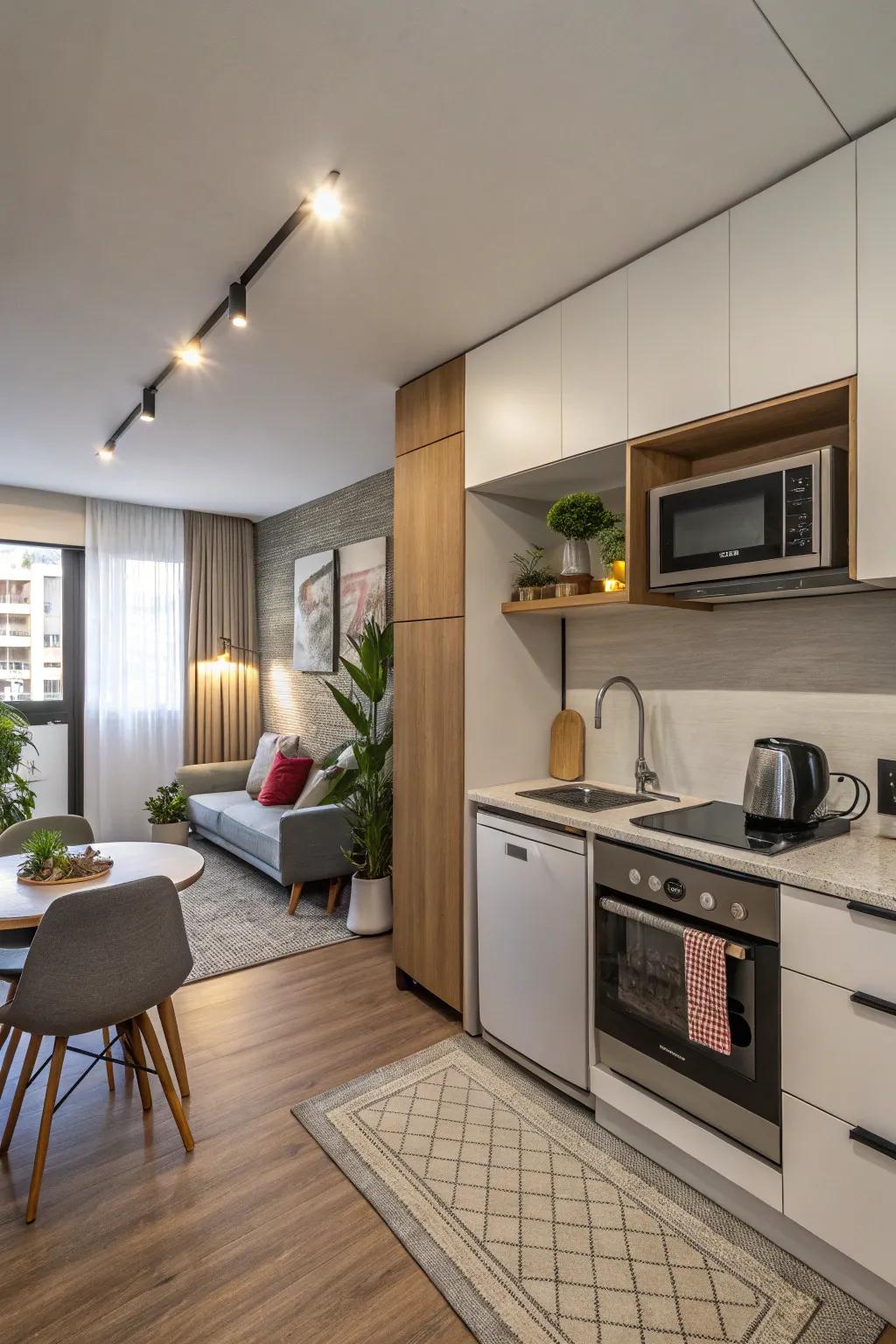 A studio apartment featuring a sleek and small cooking area that maximizes functionality.