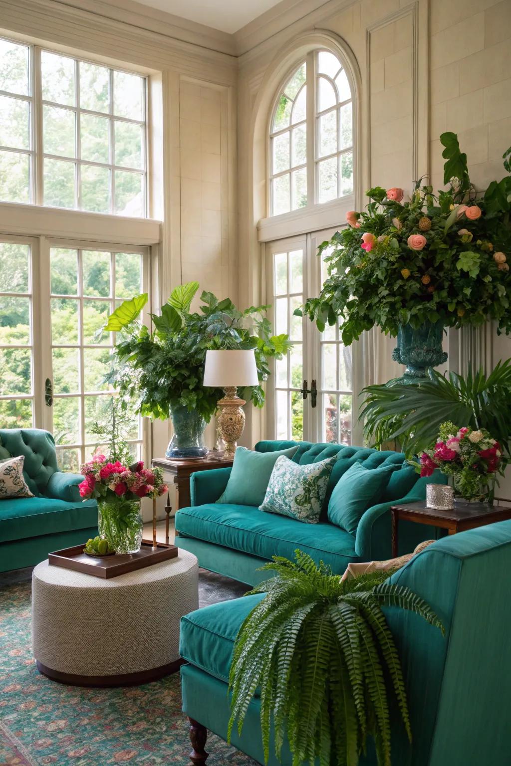 Greenery complements teal tones, adding freshness to the living space.