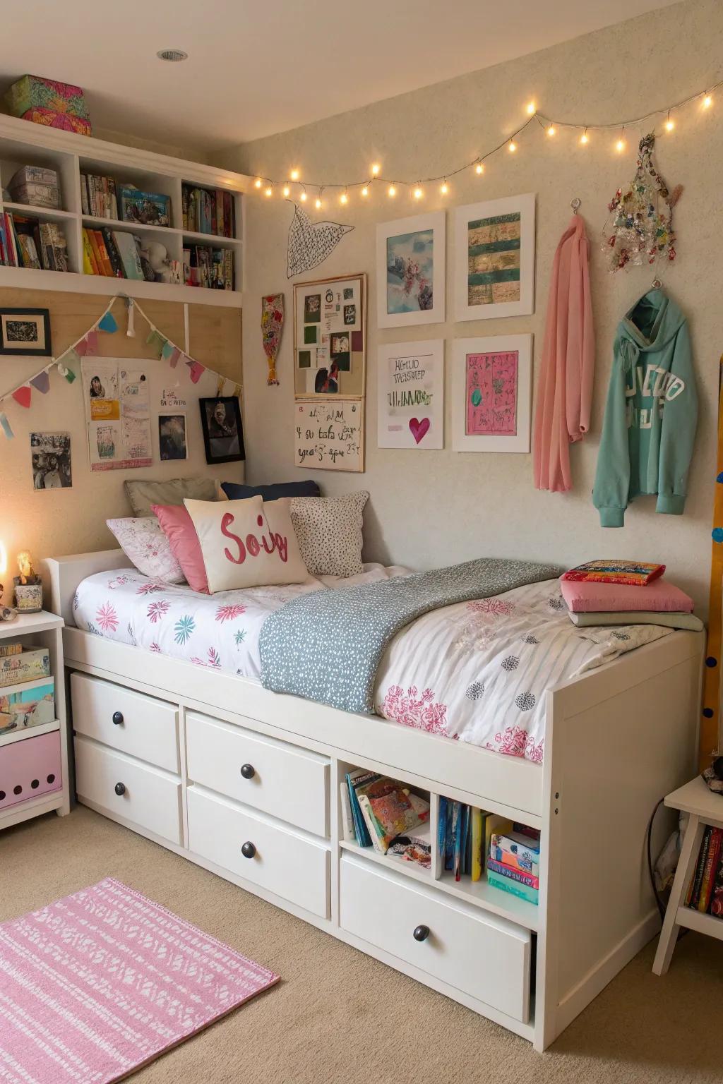 A pragmatic bed selection merging style with storage.