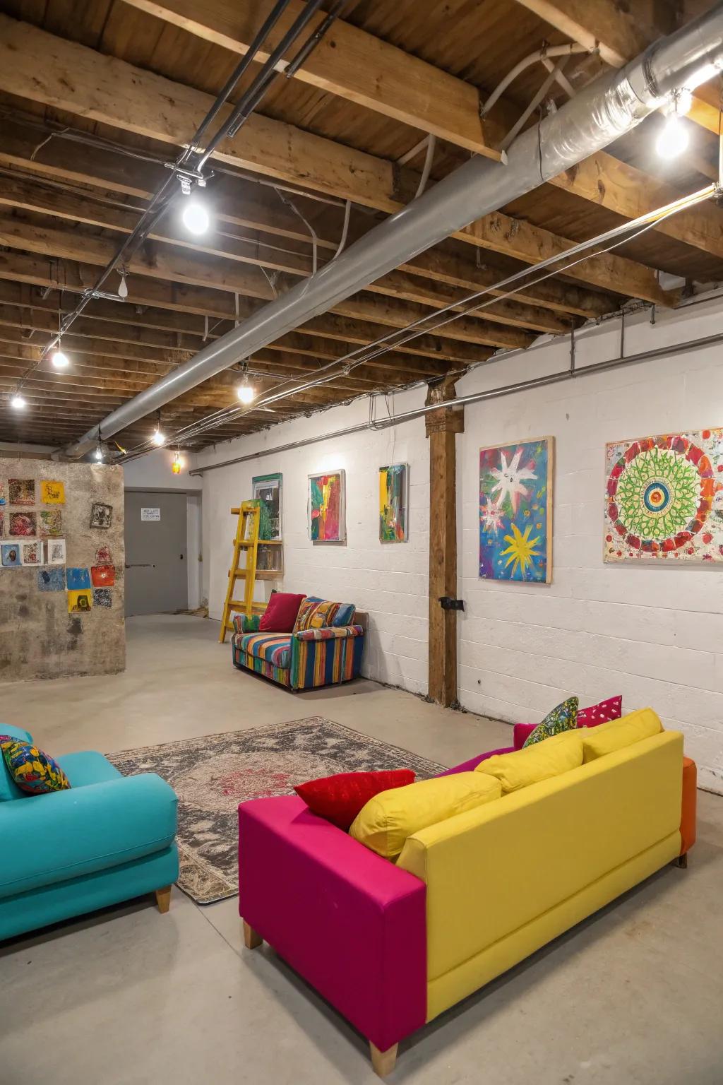 Hue accents brighten up an unfinished basement.