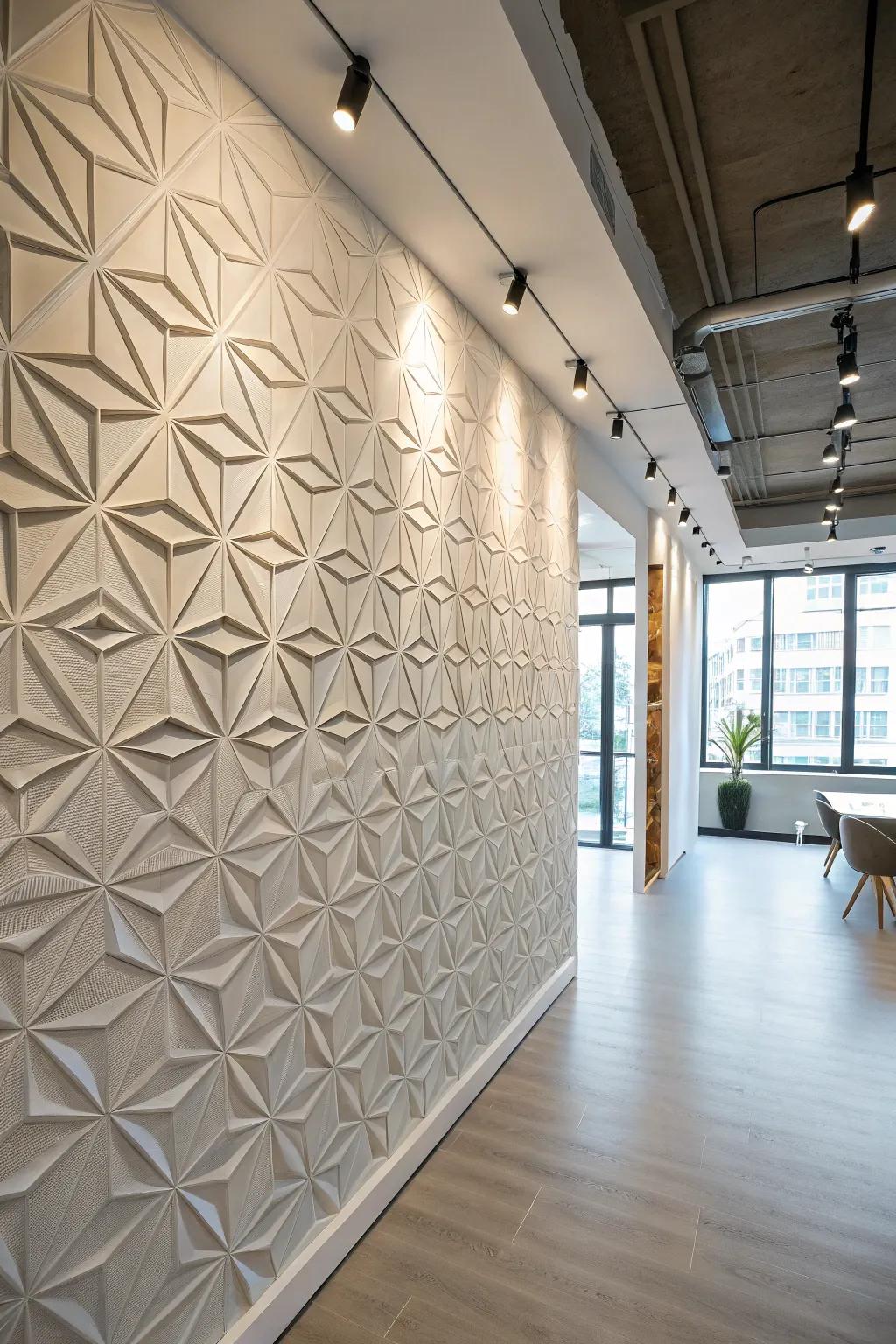 Geometric textured wallpaper creating a dynamic studio backdrop.