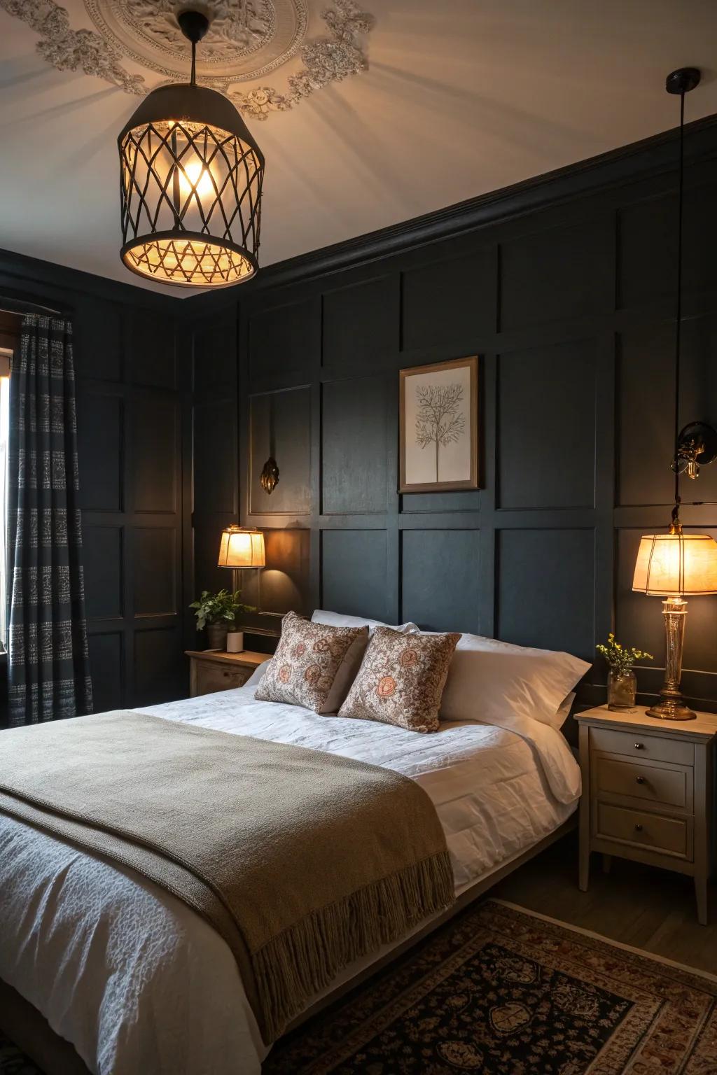 An elegant bedroom featuring deep walls and beautifully contrasting light bedding.