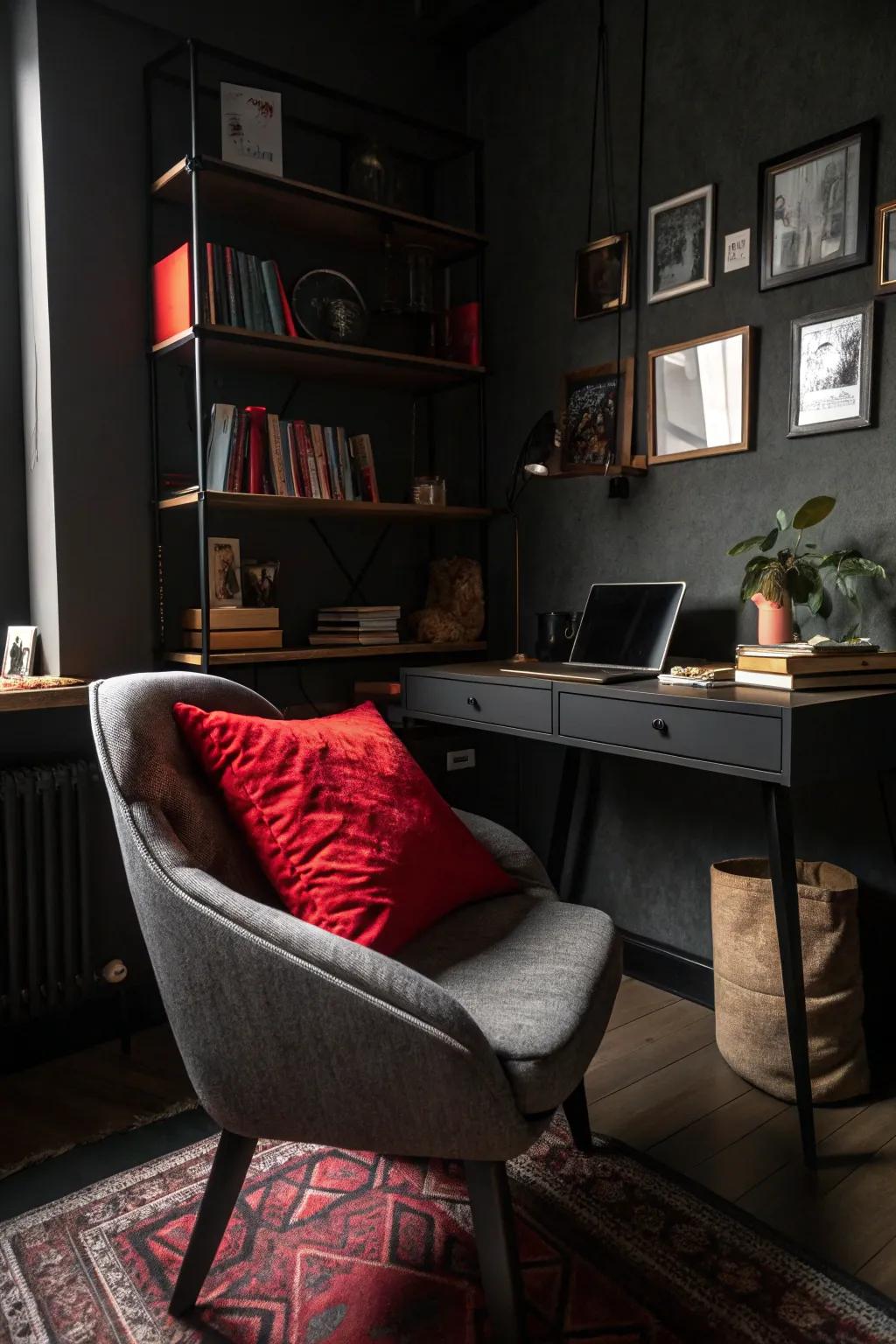 A bold accent adds a surprising twist to the moody office.