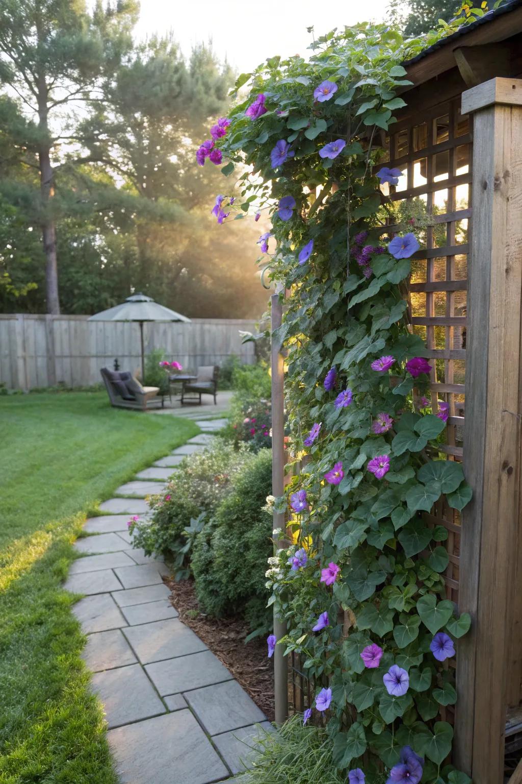 Morning glories creating a beautiful and effective privacy screen.