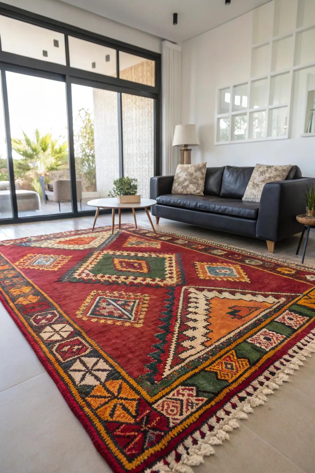 A Moroccan rug radiates warmth and style in a modern setting.