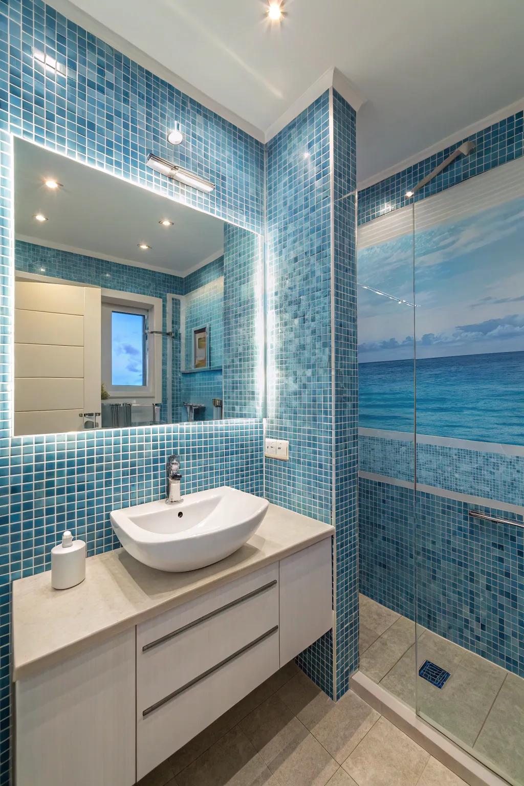Evoke the calm of the sea with soothing blue mosaic tiles.