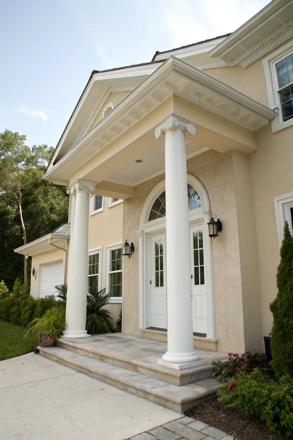 Ivory front door maintains a pristine and elegant aesthetic for a beige house.